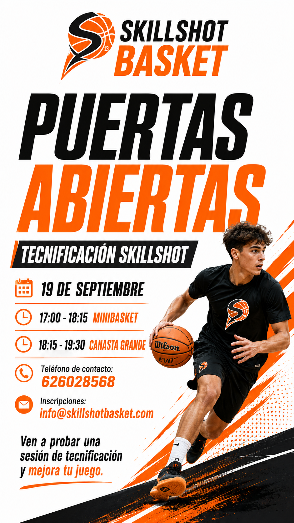 Cartel puertas abiertas tecnificación SkillshotBasket